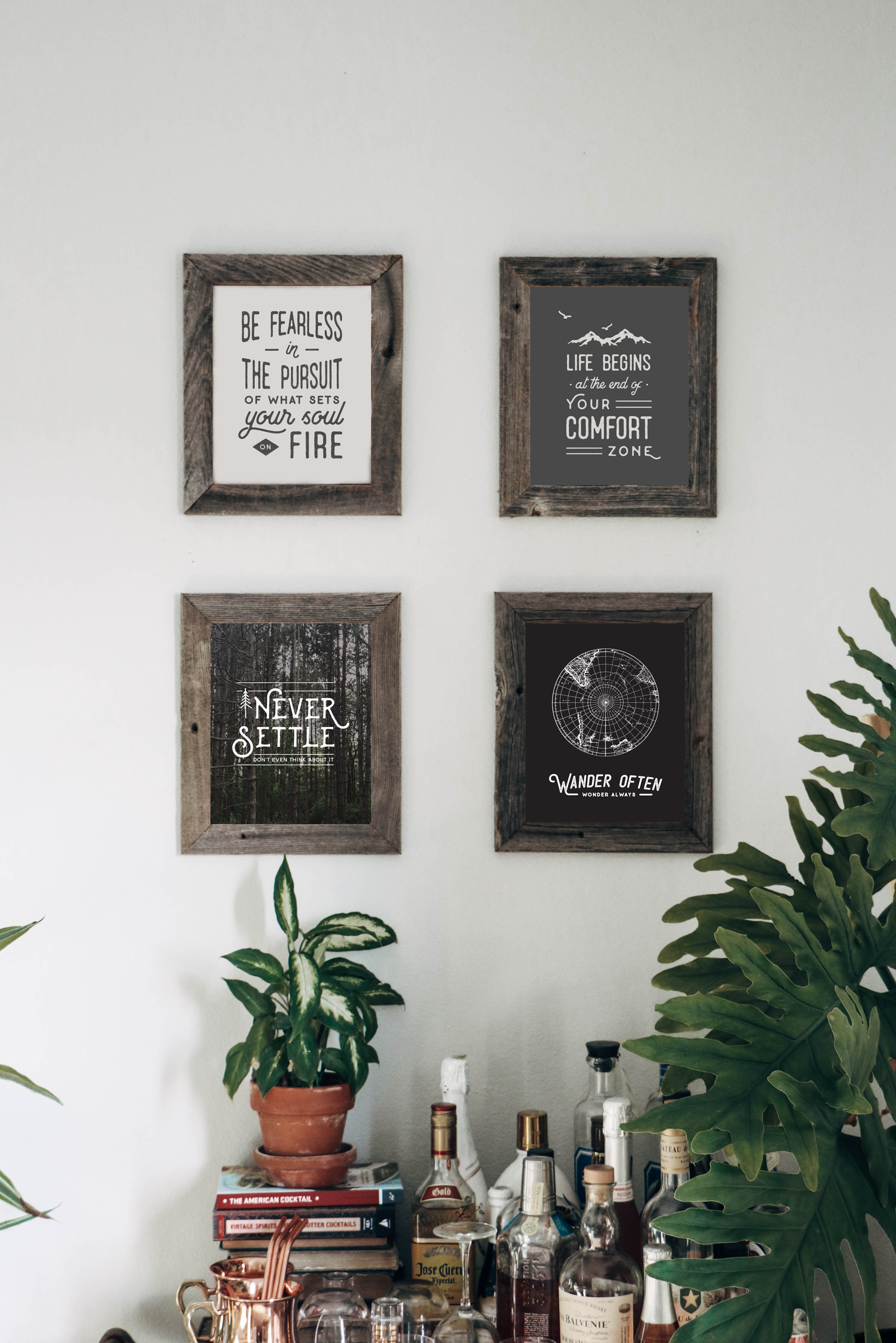 Gallery Wall | Wall Collage | Barnwood Frames | Art Prints | The Anastasia Co | Bar Cart Styling