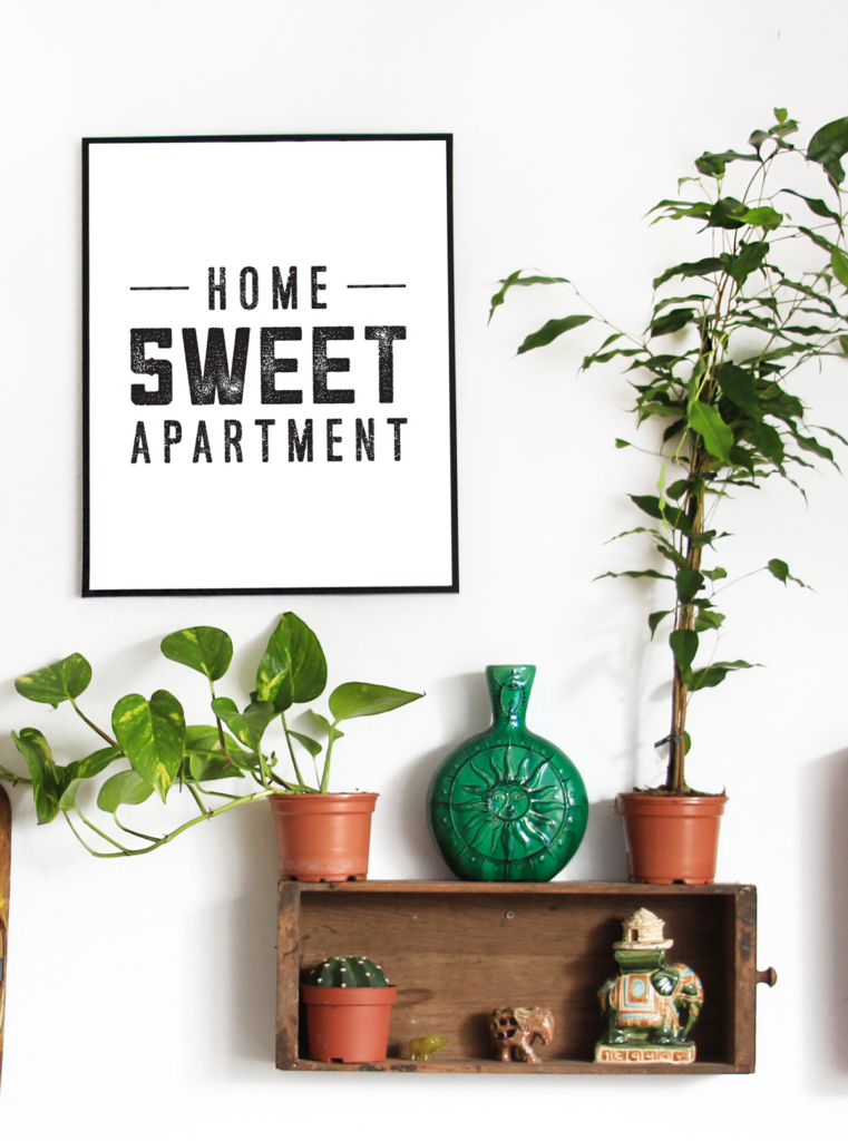 Home Sweet Apartment Art Print / #Apartment Ideas: Look at your walls like a blank canvas. When you first move in, all of the blank space may be intimidating. Fear not, there are so many ways to fill it! This Home Sweet Apartment wall art print is minimal and striking. With three different sizes available, it can be hung in a frame or placed on a small shelf for a pop of personality. / The Anastasia Co