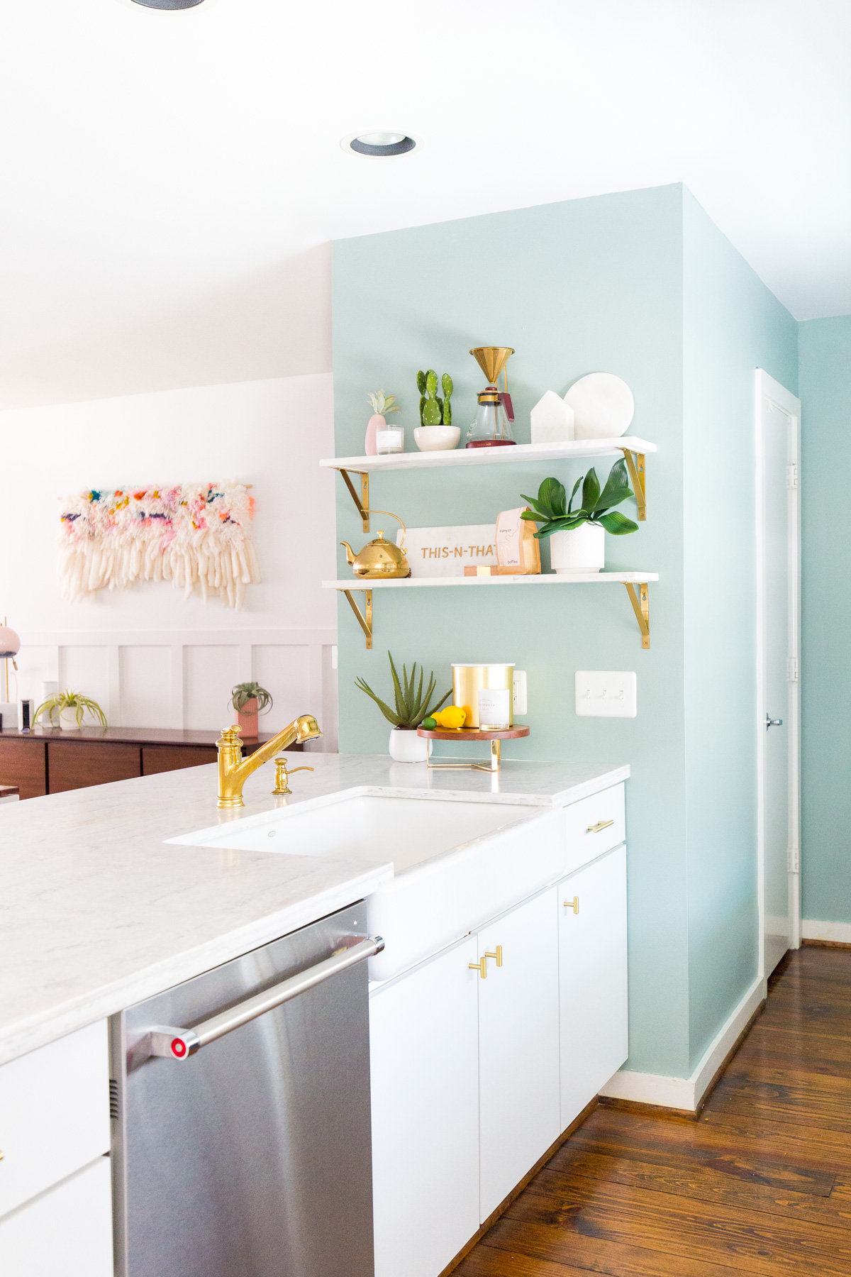 Kitchen Decorating Ideas: Kitchen Accent Wall / A simple way to make your space stand out is to grab the paint brush! Transform an accent wall with fresh color to instantly bring in a little character. Go bright and bold or saturated and subtle with your hue selection. Either way, this pop of color will set the tone for the rest of your room / theanastasiaco.com