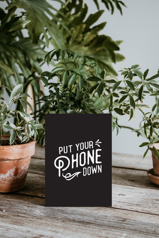 This Put Your Phone Down Art Print was designed to remind you of these powerful habits! It measures 5 x 7 inches, so it's small enough to hang at your desk, in your classroom, the dinner table, or wherever you need a reminder to be fully present! / Over the next 10 years, 600 days straight will be spent on our phones. Break your addiction, and put your phone down with these 3 actionable tips! /  theanastasiaco.com  #artprint #office #classroom