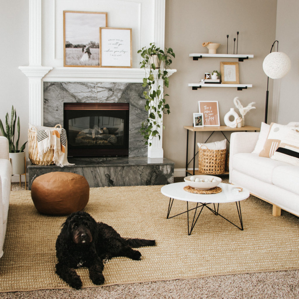 See how our living room was transformed from a blank slate to a cozy, modern haven! Elegant and boho come together by mixing neutral and natural elements. Steal this look - home decor sources included! | The Anastasia Co
